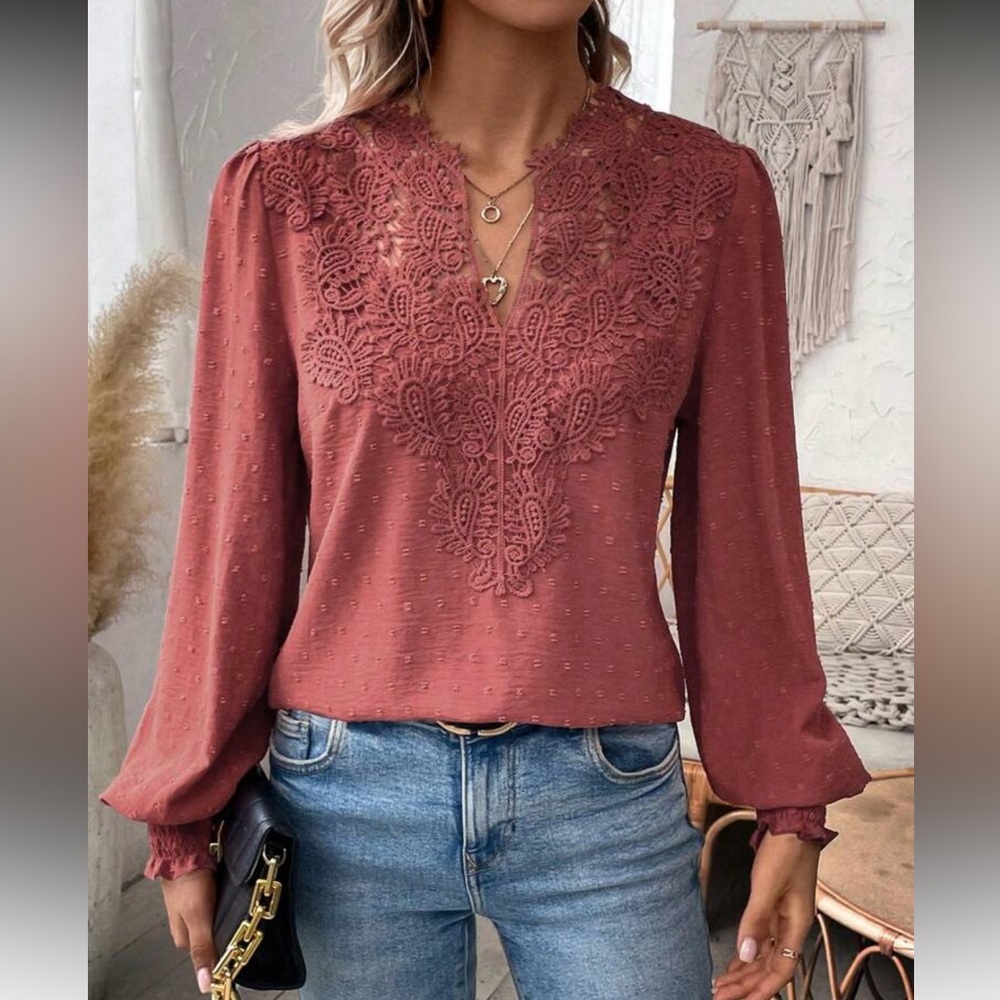 Elegant Dusty Pink  Swiss Dot Lace Blouse